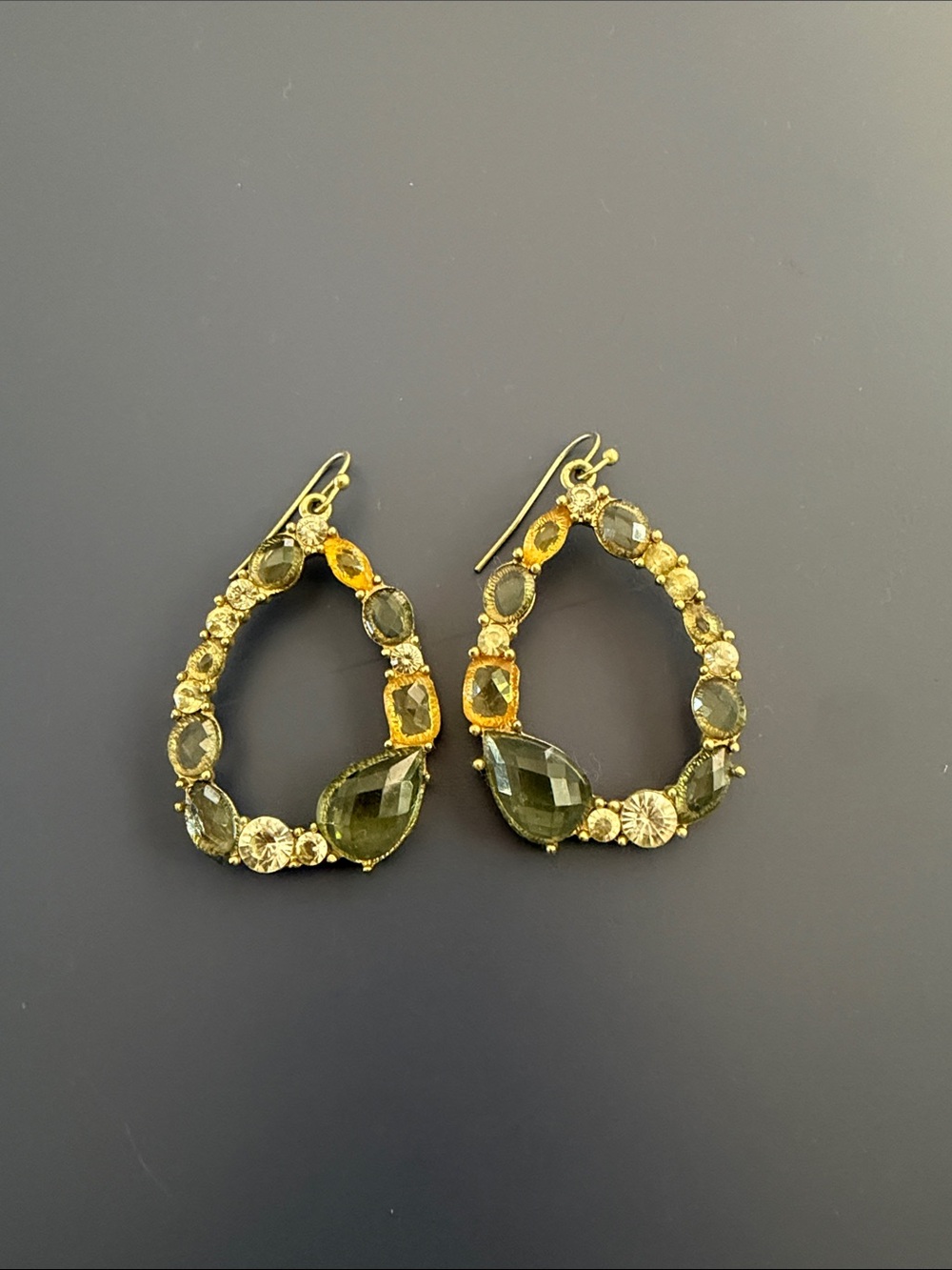 Gold-Tone Teardrop Earrings with Green and Yellow Crystals